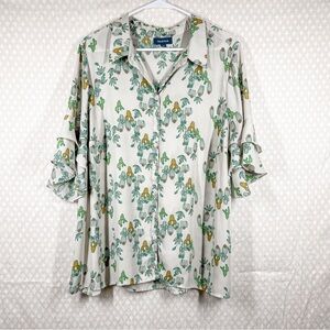 ModCloth Green Cactus Print Ruffle‎ Sleeve Button Up Top